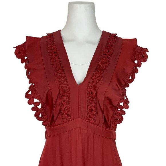 Rebecca Taylor Sleeveless Embroidered Dress 4 Brick Silk Ruffles Midi Western - Picture 7 of 12